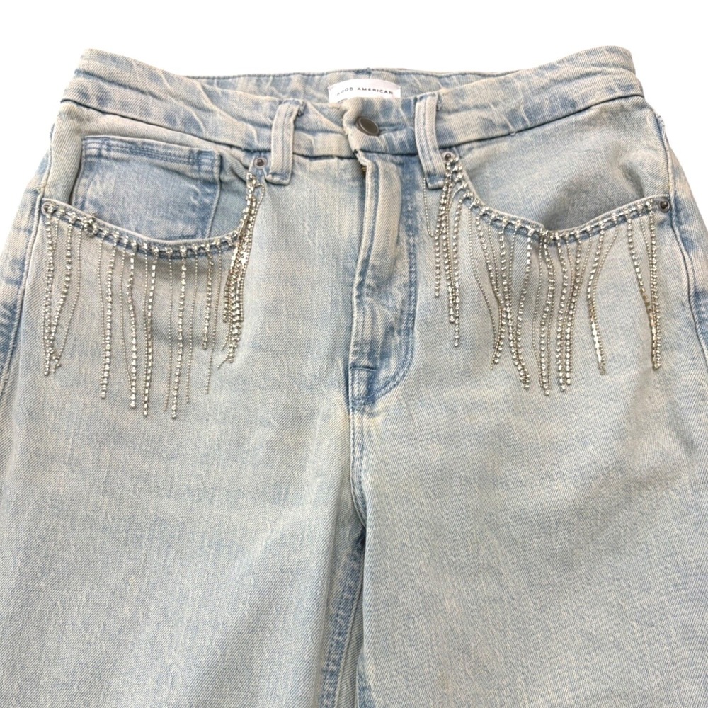 Good American The Good 90s Crystal Fringe Jeans 27 Light Wash Rhinestone Denim